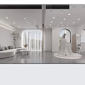 Bridal Shop Interior Design With White Wedding Dress Display Soft Lighting And Modern Decor