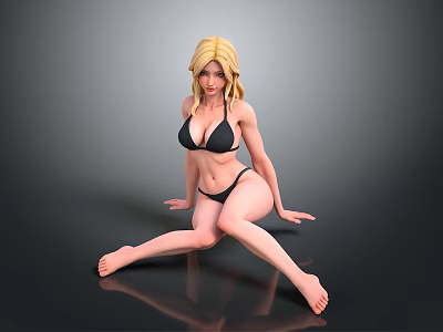 Sexy Blonde Woman in Black Bikini Posing on Floor with Gray Background 3d model