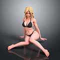 Sexy Blonde Woman in Black Bikini Posing on Floor with Gray Background