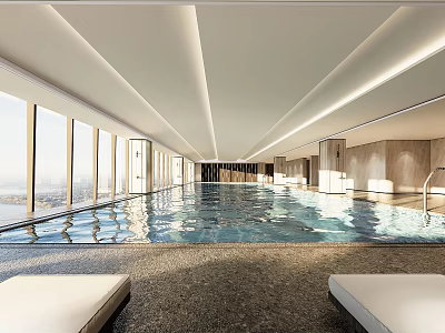 Modern Indoor Swimming Pool with Large Windows City View and White Lounge Chairs 3d model