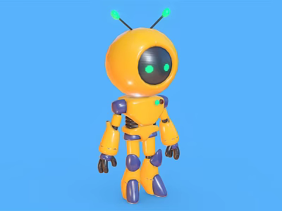Cute Yellow Robot Featuring Green Eyes Blue Joints And Antennas On Blue Background 3d model