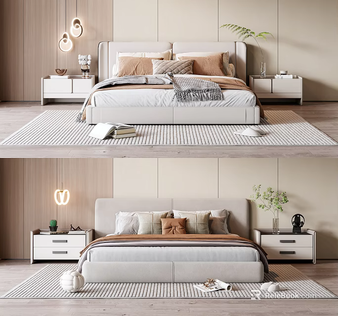 Modern Bedroom Interior Design With Double Bed Soft Pillows Cozy Blanket Nightstands Lamps And Plants 3d model 