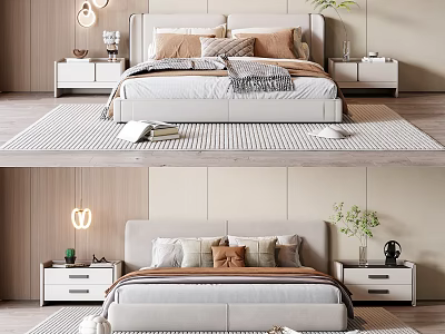Modern Bedroom Interior Design With Double Bed Soft Pillows Cozy Blanket Nightstands Lamps And Plants 3d model
