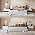 Modern Bedroom Interior Design With Double Bed Soft Pillows Cozy Blanket Nightstands Lamps And Plants