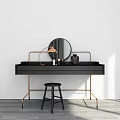 Black Dressing Table with Brass Frame Round Mirror Table Lamp Black Stool and White Wall 3d model