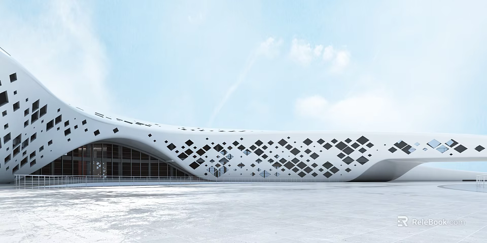 Modern White Building With Unique Black Diamond Patterns And Open Square Under Blue Sky 3d model