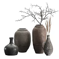 Decorative Rustic Clay Vases with Dried Branches and Grass in Various Sizes