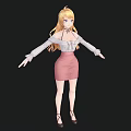 Anime Style Woman With Long Blonde Hair In White Blouse And Pink Skirt