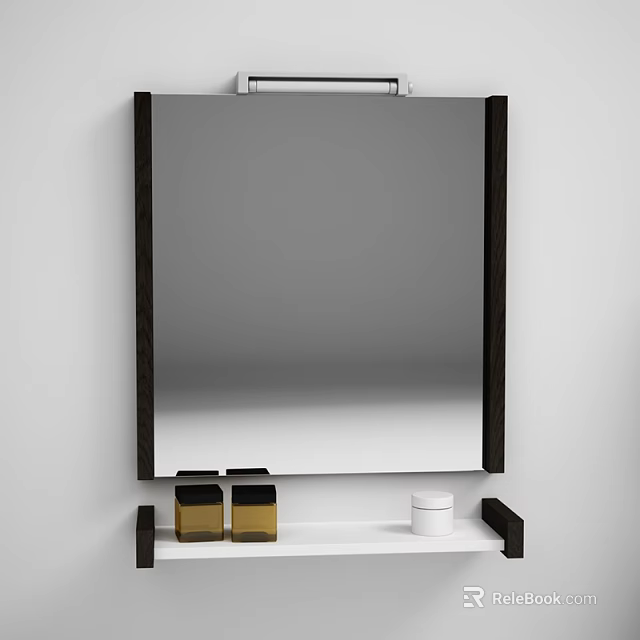 Modern Dark Framed Mirror Wall Mounted Above White Shelf With Gold Containers And White Jar 3d model 