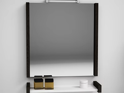 Modern Dark Framed Mirror Wall Mounted Above White Shelf With Gold Containers And White Jar 3d model