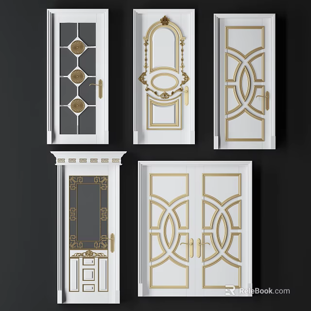 Elegant Hinged Door Designs With White Frame Gold Accents Glass Panels And Geometric Patterns 3d model 