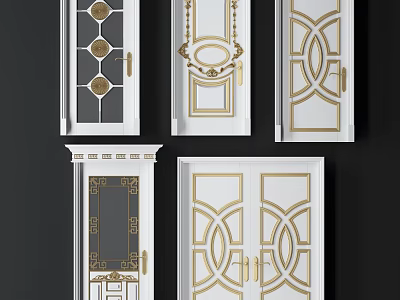 Elegant Hinged Door Designs With White Frame Gold Accents Glass Panels And Geometric Patterns 3d model