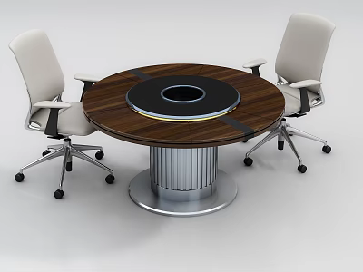 Round Wooden Conference Table With Black Center Panel Silver Metal Base And White Office Chairs 3d model