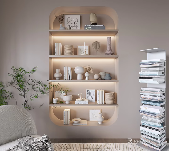 Modern Minimalist Decorative Ornaments Set on Illuminated Display Shelf with Sculptures Vases and Photo Frames 3d model 