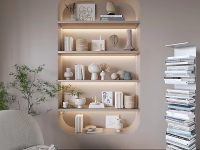 Modern Minimalist Decorative Ornaments Set on Illuminated Display Shelf with Sculptures Vases and Photo Frames 3d model