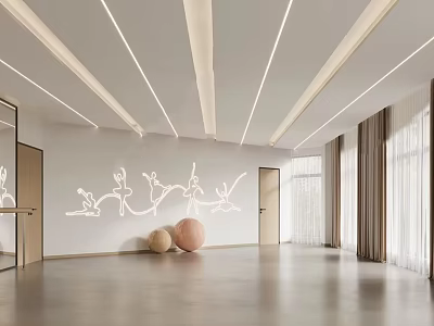 Spacious Dance Studio Interior With Ballet Silhouettes Barre And Exercise Balls 3d model