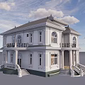 Elegant Detached Villa With White Exterior Ornate Roof Arched Windows Grand Staircase And Columns
