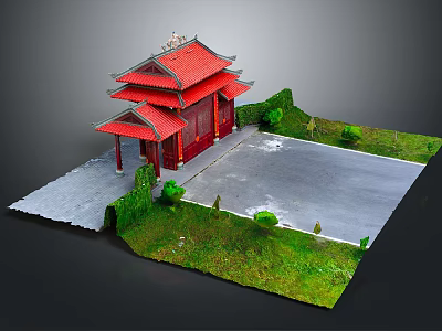 Cartoon Scene Of Traditional Chinese Red Roof Building With Green Lawn And Shrubs 3d model