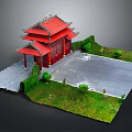 Cartoon Scene Of Traditional Chinese Red Roof Building With Green Lawn And Shrubs