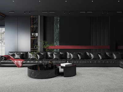 Modern Living Room With Black Leather Sofa Marble Coffee Table And Greenery 3d model