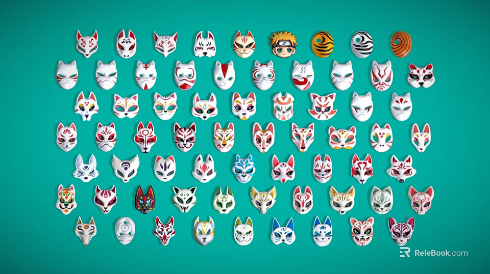 Colorful Cat Masks With Various Designs On Teal Background For Home Decor 3d model 