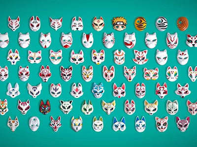 Colorful Cat Masks With Various Designs On Teal Background For Home Decor 3d model