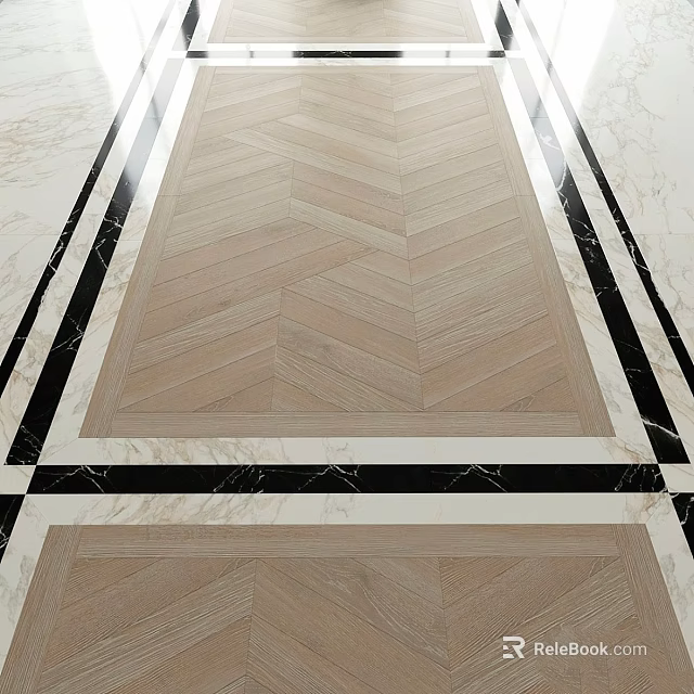 Elegant Wooden Herringbone Floor Design With Marble Border And Black Lines 3d model 