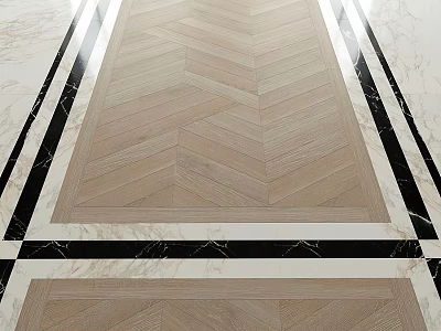 Elegant Wooden Herringbone Floor Design With Marble Border And Black Lines 3d model