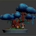 Miniature Plant Landscape With Blue Canopy Red Trunk Mushroom Green Grass And Stones