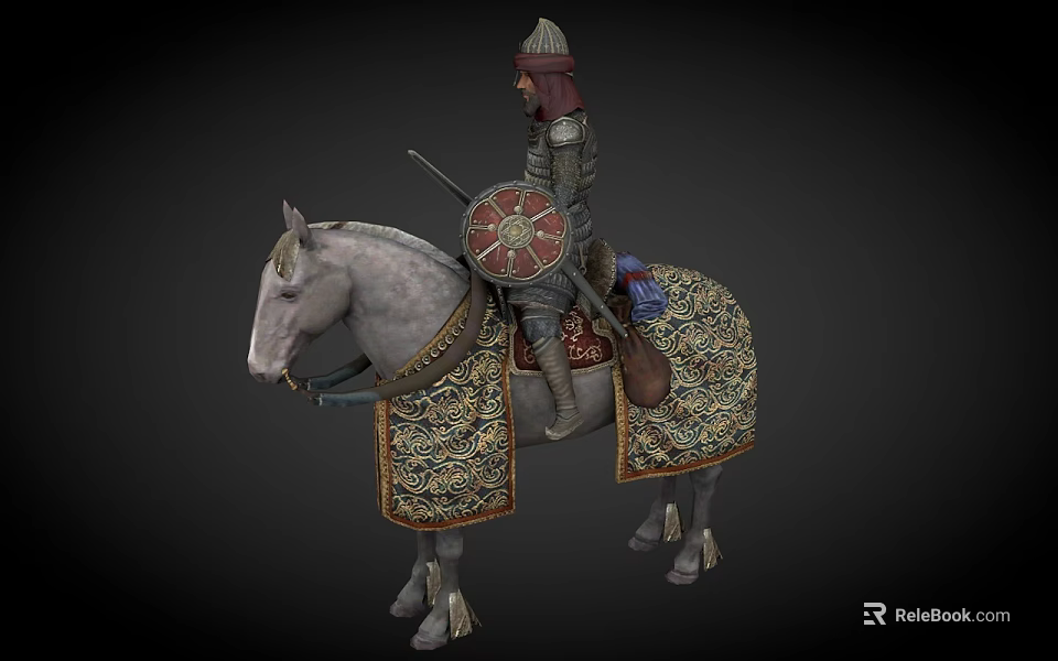 Armed Warrior Riding Ornate Armored Horse With Decorative Shield And Intricate Saddle Blanket 3d model 