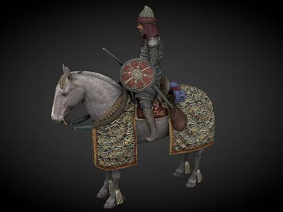 Armed Warrior Riding Ornate Armored Horse With Decorative Shield And Intricate Saddle Blanket 3d model