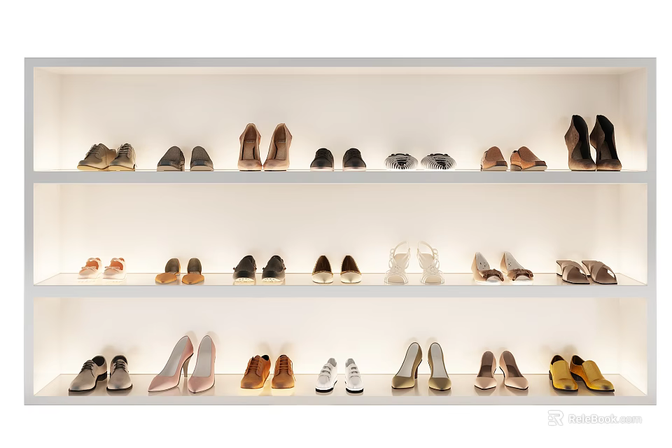 Different Style Shoes Displayed On White Multiple Shelf Shoe Rack With Various Colors 3d model
