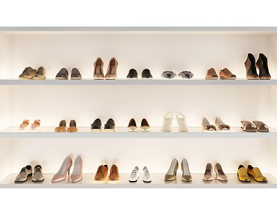 Different Style Shoes Displayed On White Multiple Shelf Shoe Rack With Various Colors 3d model