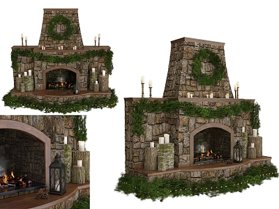 Traditional Rustic Stone Fireplace Decorated With Ivy Wreath Candles Lantern And Burning Flames 3d model