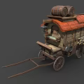 Rustic Vintage Wooden Cart With Red Roof And Two Wooden Barrels On Top