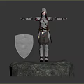 Armored Character Standing on Stone Platform with Shield and Arms Outstretched in 3D Rendering 3d model