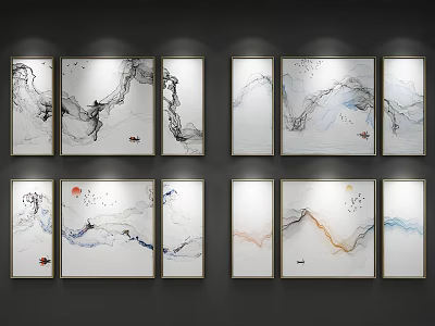 Abstract Paintings Wall Art With Black White Blue Red Flowing Lines Framed Decor 3d model