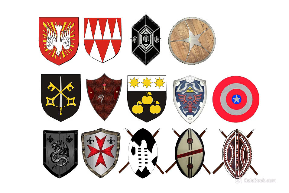 Different Types of Decorative Shields with Heraldic Symbols and Modern Designs 3d model 