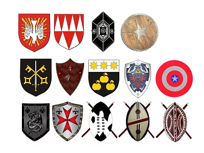 Different Types of Decorative Shields with Heraldic Symbols and Modern Designs 3d model