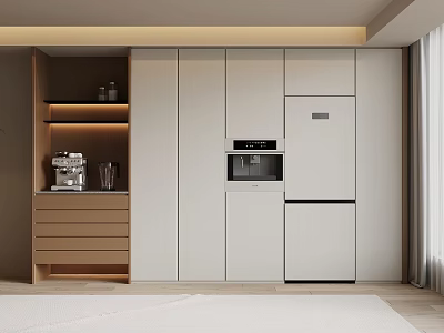 Modern Wine Cabinet Design With White Wooden Cabinets Built-in Oven And Coffee Machine 3d model