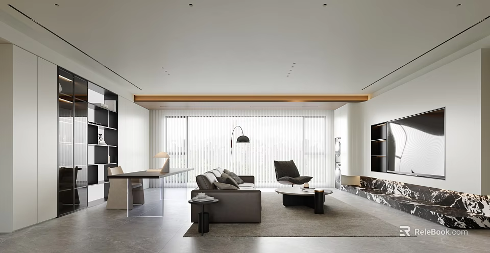 Modern Living Dining Room Interior With Open Layout Sofa Coffee Table And Large Windows 3d model 