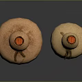 Two Decorative Gourd Shaped Furniture Pieces With Red Lids Rope Accents And Brown Beige Hues