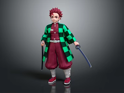 Red Haired Character Standing Wearing Green Black Checkered Coat Red Pants Shoes Holding Two Swords 3d model