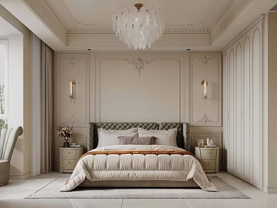 Elegant Bedroom Interior With Crystal Chandelier Paneled Walls Plush Bedding And Nightstands 3d model