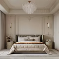 Elegant Bedroom Interior With Crystal Chandelier Paneled Walls Plush Bedding And Nightstands
