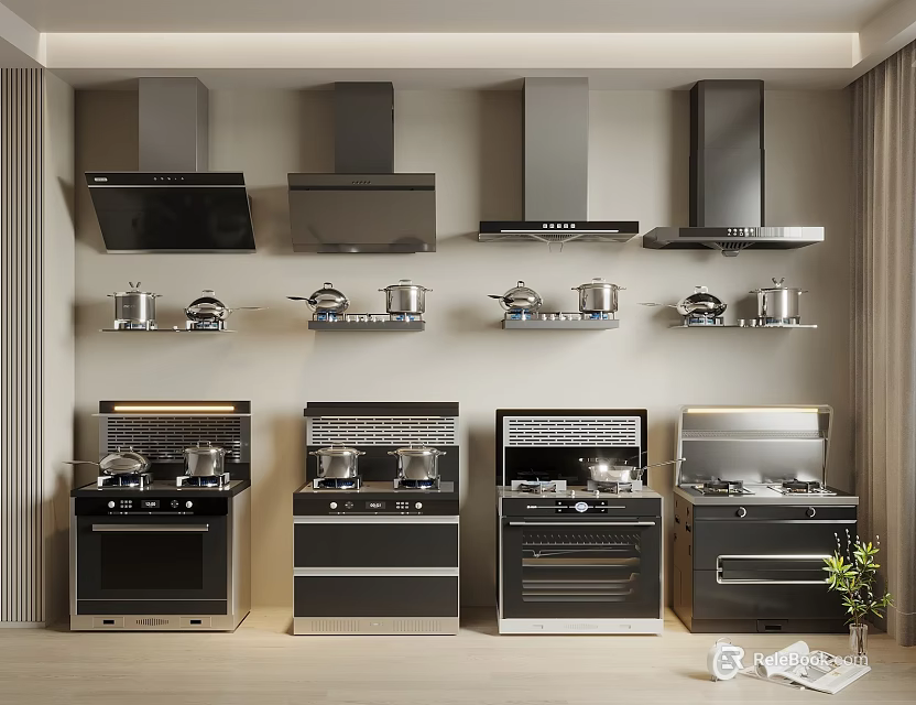 Modern Kitchen Appliances Display With Range Hoods Stoves Ovens And Stainless Steel Pans 3d model 