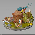 Fantasy Magic Props Display with Tree Stump Blue Smoke Bottle Backpack Book and Decorations