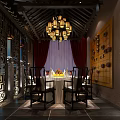 Traditional Chinese Restaurant Interior With Wicker Pendant Lights Wooden Ceiling And Dining Furniture