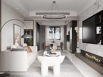 Elegant Modern Living and Dining Room Interior With Chandelier Sofa Dining Table And Decorative Wall 3d model