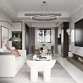 Elegant Modern Living and Dining Room Interior With Chandelier Sofa Dining Table And Decorative Wall